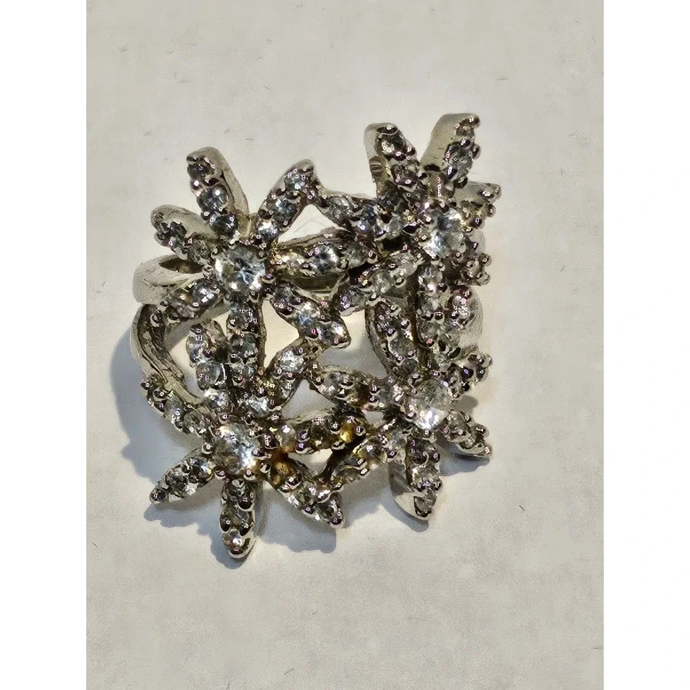 Vintage 925 Sterling Silver Cubic Zirconia Cluster Floral Statement Ring Size 7